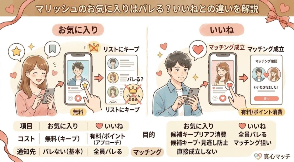 マリッシュのお気に入り機能といいねの違いを図解したアイキャッチ画像（AI生成イメージ）