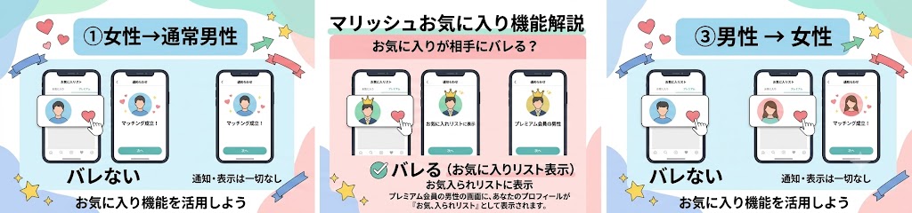 Marrish(マリッシュ)のお気に入り機能のバレる・バレないケースをデータ表に基づいて正確に解説したインフォグラフィック(AI生成イメージ)