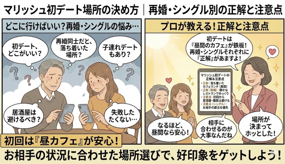 婚活アプリ「マリッシュ」での初デート場所に悩む再婚希望者やシングル層の男女に対し、アドバイザーが「初回は昼間のカフェが安心」「相手の都合や状況（再婚・子連れなど）に合わせた場所選び」が正解であると解説し、好印象につながるポイントを図解しているイラスト（AI生成イメージ）