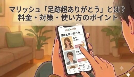 マリッシュ「足跡超ありがとう」機能の解説アイキャッチ。スマホを見る男性とアプリ画面（AI生成イメージ）