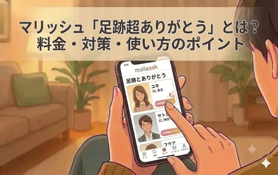 マリッシュ「足跡超ありがとう」機能の解説アイキャッチ。スマホを見る男性とアプリ画面（AI生成イメージ）