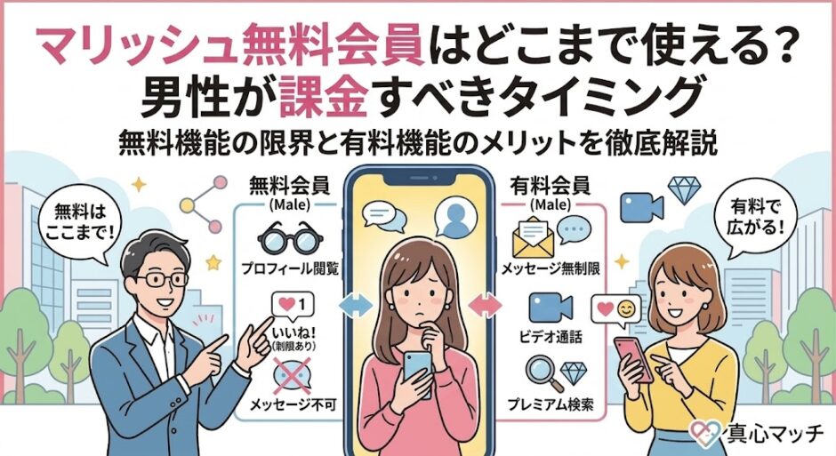 マリッシュの無料会員と有料会員の機能比較イラスト。男性会員に向けて、課金すべきタイミングと有料機能のメリットを解説（AI生成イメージ）