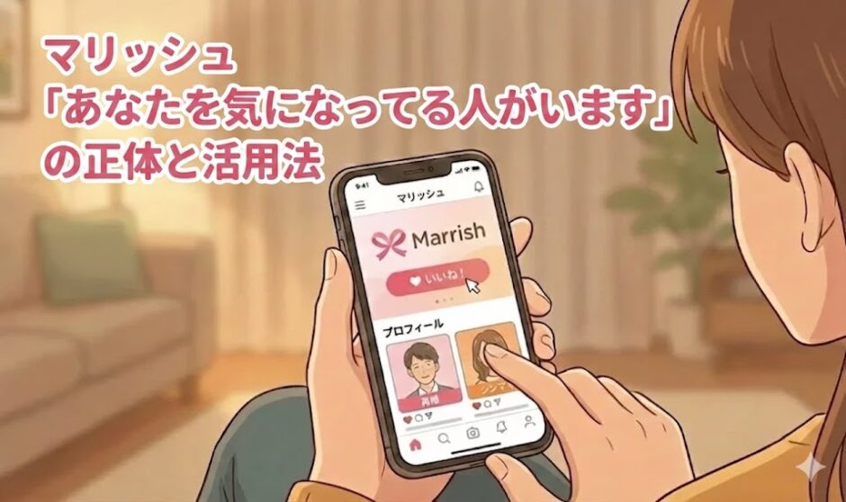 マリッシュの通知「あなたを気になってる人がいます」の正体と活用法を解説するアイキャッチ画像。スマホでアプリを操作する温かみのあるイラスト（AI生成イメージ）