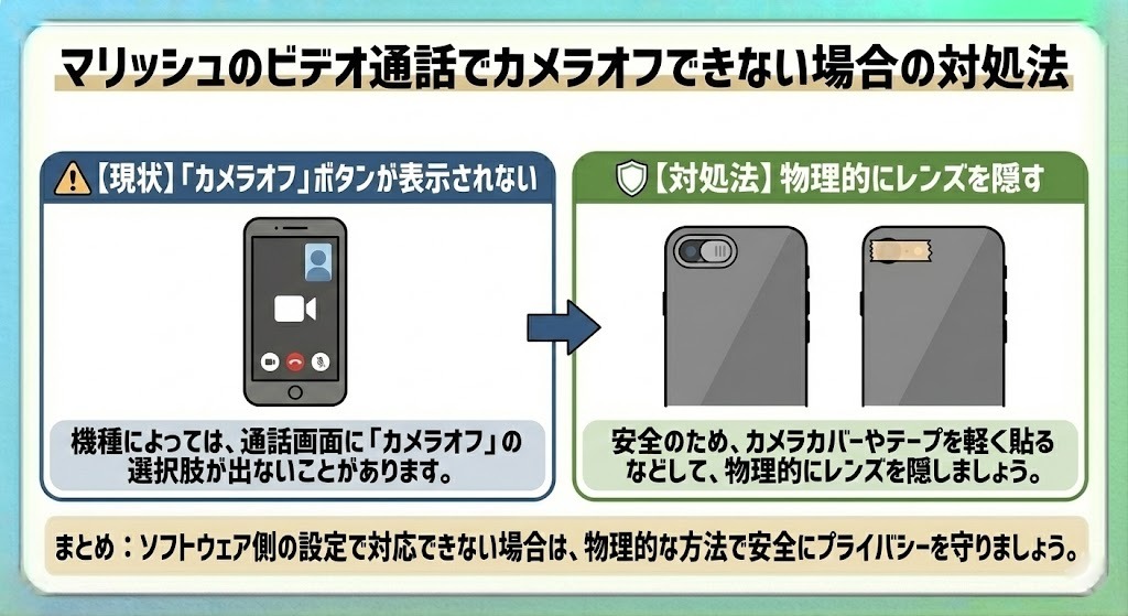 マリッシュのビデオ通話でカメラオフできない場合の対処法を説明した図解