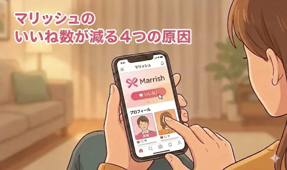 マリッシュでいいね数が減ってしまう4つの原因を解説するアイキャッチ画像。スマホでアプリのいいね数を確認している女性の温かみのあるイラスト（AI生成イメージ）