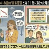 婚活アプリ「マリッシュ」で「いいね数」が急に減って落ち込む男女に対し、アドバイザーが「新規ブーストの終了」や「ログイン頻度の低下」などの主な原因を図解で示し、プロフィールの更新など前向きな対策を提案しているイラスト（AI生成イメージ）