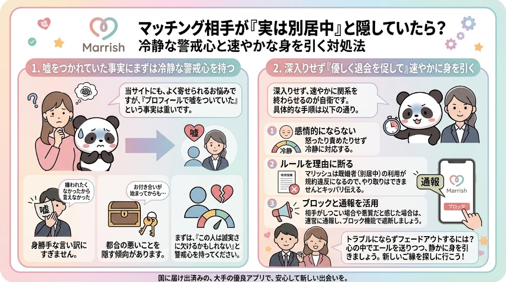 マリッシュ(Marrish)マッチング相手が「実は別居中」と隠していた場合の対処法を解説したインフォグラフィック(AI生成イメージ)