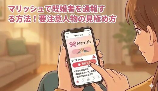 マリッシュで既婚者を通報・見極める方法を学ぶ女性のイラスト（AI生成イメージ）