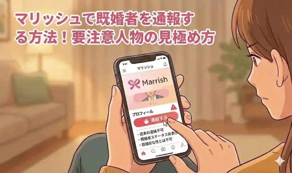マリッシュで既婚者を通報・見極める方法を学ぶ女性のイラスト（AI生成イメージ）