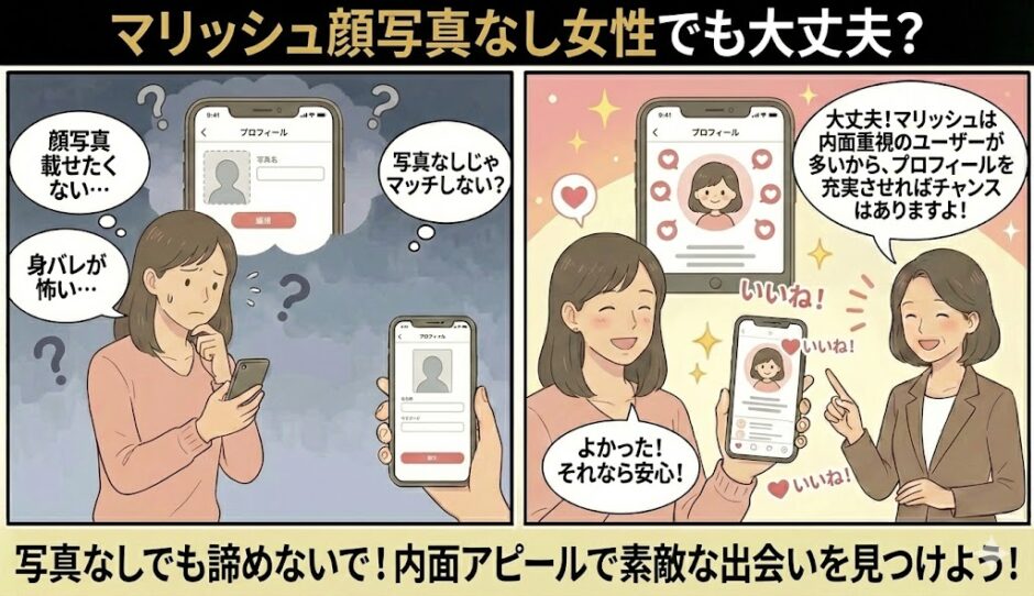 顔写真を載せることに抵抗や不安を感じている女性が、アドバイザーからマリッシュは内面重視のユーザーが多いことを聞き、プロフィールを充実させることで前向きに活動しようとするイラスト（AI生成イメージ）
