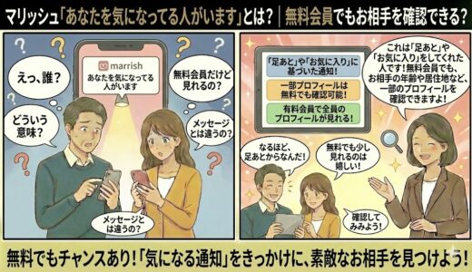 婚活アプリ「マリッシュ」から届く「あなたを気になっている人がいます」という通知に、「誰？」「無料で見れるの？」と疑問を持つ男女に対し、アドバイザーが「足あと」や「お気に入り」に基づいた仕組みであることや、無料・有料会員で見れる範囲の違いを図解で解説しているイラスト（AI生成イメージ）