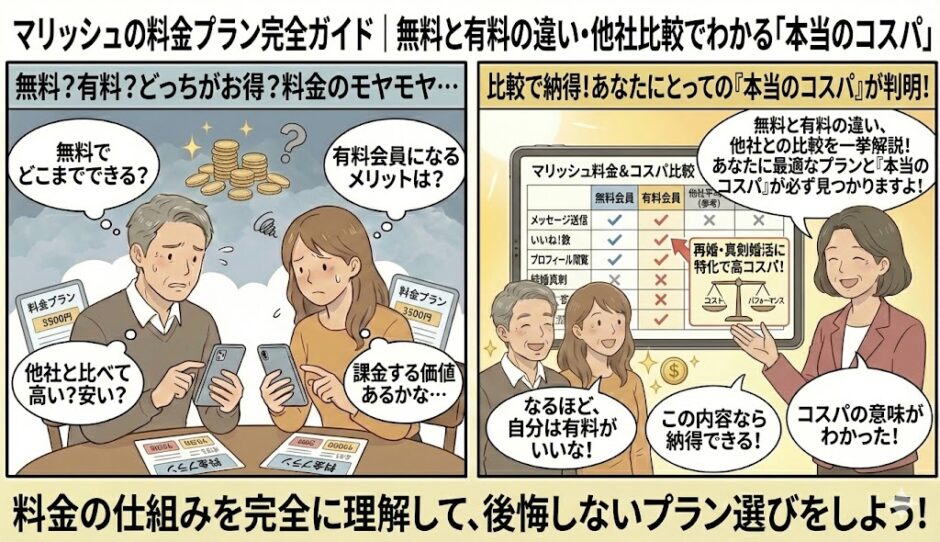 婚活アプリ「マリッシュ」の料金プランについて、「無料と有料の違いは？」「他社と比べて高い？」と悩む男女に対し、アドバイザーが機能比較表や天秤のイラストを使って、再婚や真剣な婚活における「本当のコスパの良さ」を解説し、納得している様子のイラスト（AI生成イメージ）