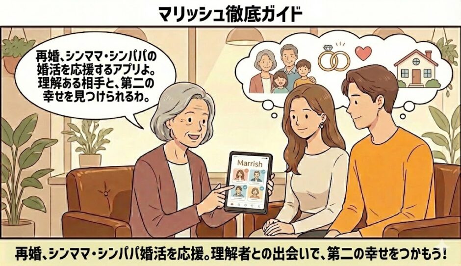 「マリッシュ徹底ガイド」という見出しと共に、再婚や子連れ婚の幸せなイメージを背景に、相談員がシンママ・シンパパ優遇制度やアプリの特長を解説しているイラスト【再婚・シンママ応援アプリ解説】（AI生成イメージ）