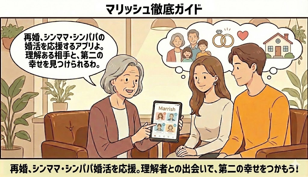 「マリッシュ徹底ガイド」という見出しと共に、再婚や子連れ婚の幸せなイメージを背景に、相談員がシンママ・シンパパ優遇制度やアプリの特長を解説しているイラスト【再婚・シンママ応援アプリ解説】（AI生成イメージ）