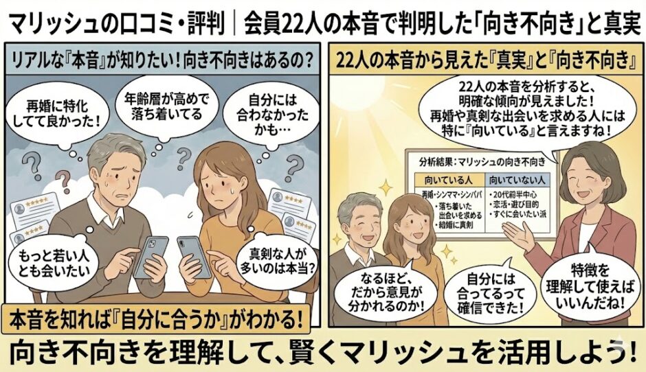 婚活アプリ「マリッシュ」の口コミや評判に対し、「自分に合うのかな？」と不安を持つ男女に向け、22人の会員の本音を分析した結果を、「向いている人（再婚希望・落ち着いた出会いなど）」と「向いていない人（20代前半中心・遊び目的など）」に分けて図解で分かりやすく解説しているイラスト（AI生成イメージ）