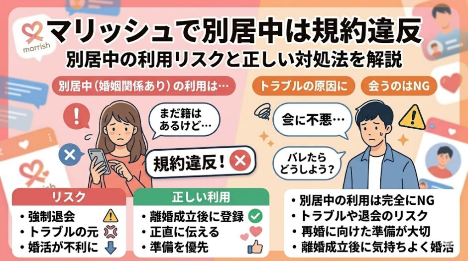「マリッシュで別居中は規約違反」。リスクと正しい対処法（離婚成立後の登録）をまとめたインフォグラフィック画像（AI生成イメージ）