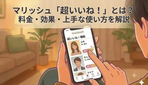 マリッシュ「超いいね！」機能の解説アイキャッチ。スマホを見る男性とアプリ画面（AI生成イメージ）