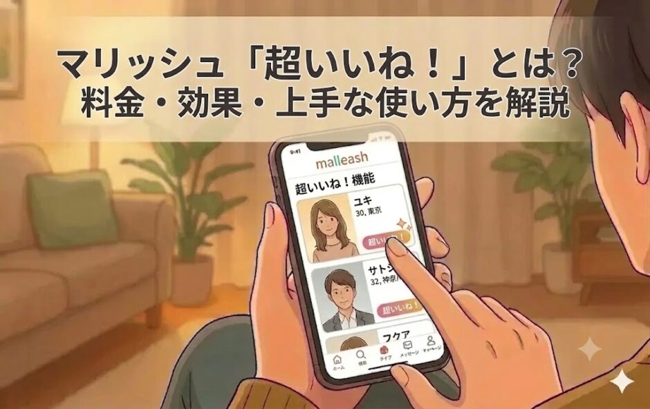 マリッシュ「超いいね！」機能の解説アイキャッチ。スマホを見る男性とアプリ画面（AI生成イメージ）
