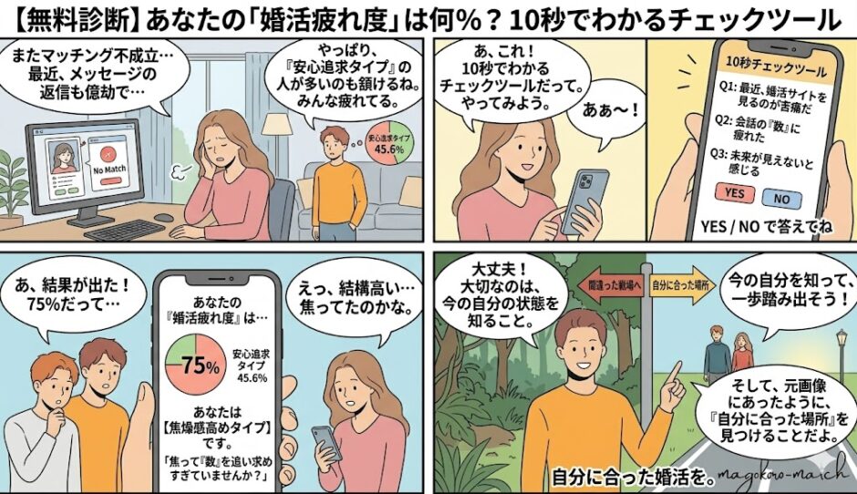 【無料診断】あなたの「婚活疲れ度」は何％？ 10秒でわかるチェックツールの4コマ漫画（AI生成イメージ）