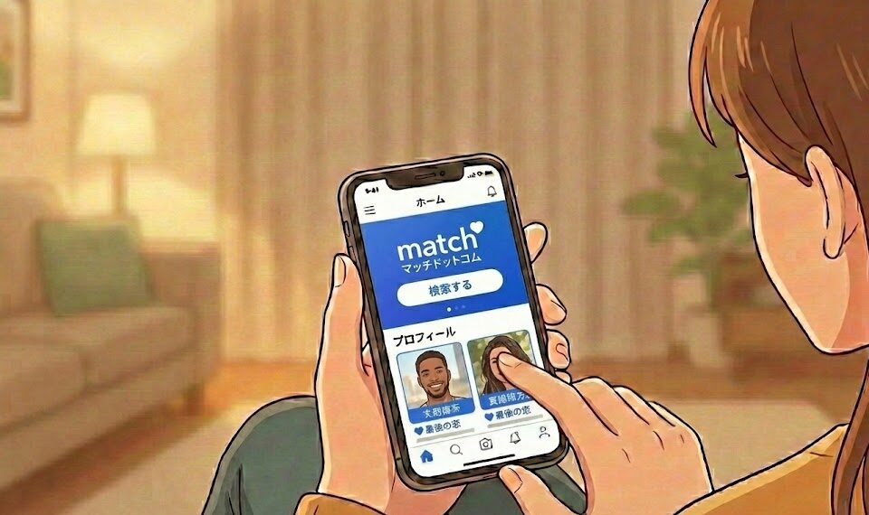 スマホで婚活アプリ「マッチドットコム」のプロフィール画面を操作している手元のイラスト（AI生成イメージ）
