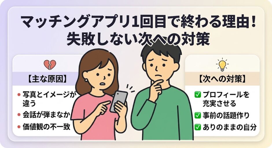 マッチングアプリでの初デートが1回目で終わる理由と、2回目に繋げるための対策を解説する記事のアイキャッチ画像（AI生成イメージ）