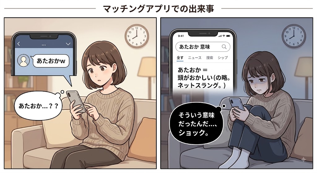 マッチングアプリで「あたおか」と言われて傷ついた女性のイメージイラスト（AI生成イメージ）