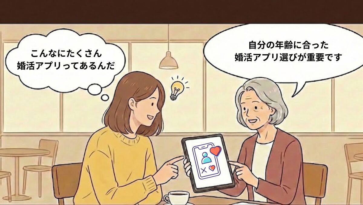 年代別の婚活アプリをタブレットで解説する女性とシングルマザーのイラスト