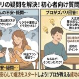 婚活アプリの不安や疑問を抱える男女が、プロのアドバイザーから回答を得て安心する様子を描いたイラスト（AI生成イメージ）