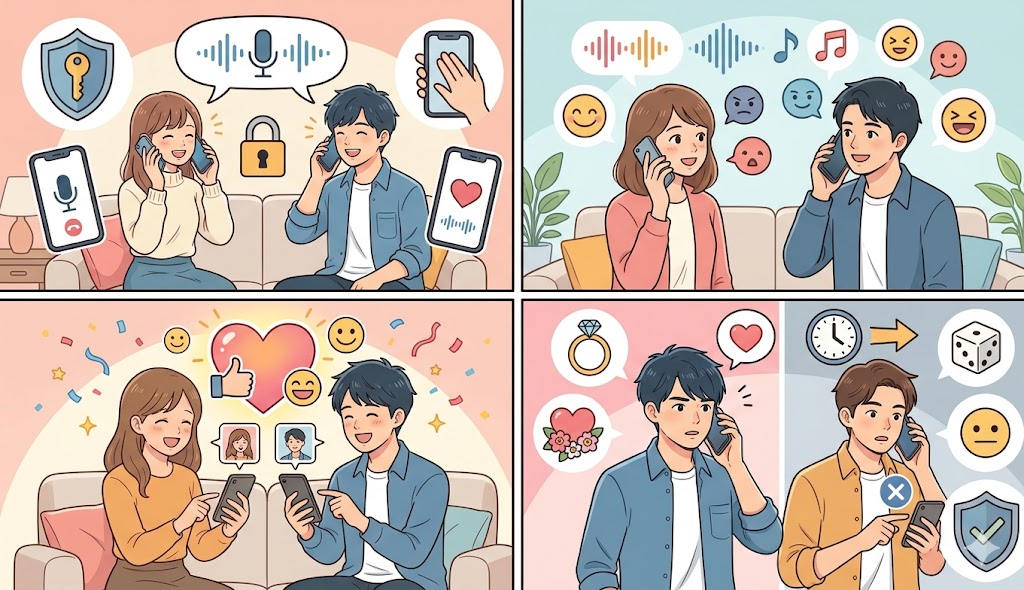 マッチングアプリの通話機能を使う3つのメリット（安全性・ミスマッチ防止・目的の見極め）を表現した4コマ漫画風イラスト（AI生成イメージ）