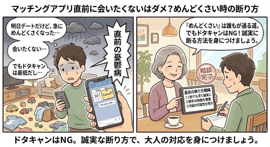 マッチングアプリのデート直前に会いたくなくなり悩む男性と、プロのアドバイザーから誠実な断り方を教わり安心する様子を比較したアイキャッチ画像（AI生成イメージ）