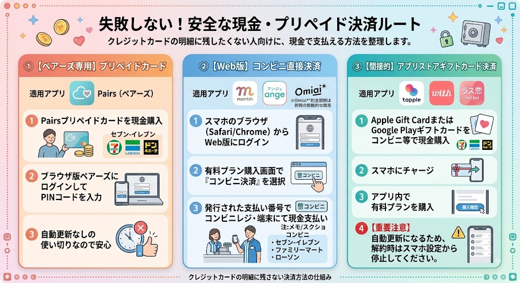 【マッチングアプリ】クレジットカード明細に残らない現金・プリペイド決済の3つの安全なルートを解説するインフォグラフィック(AI生成イメージ)