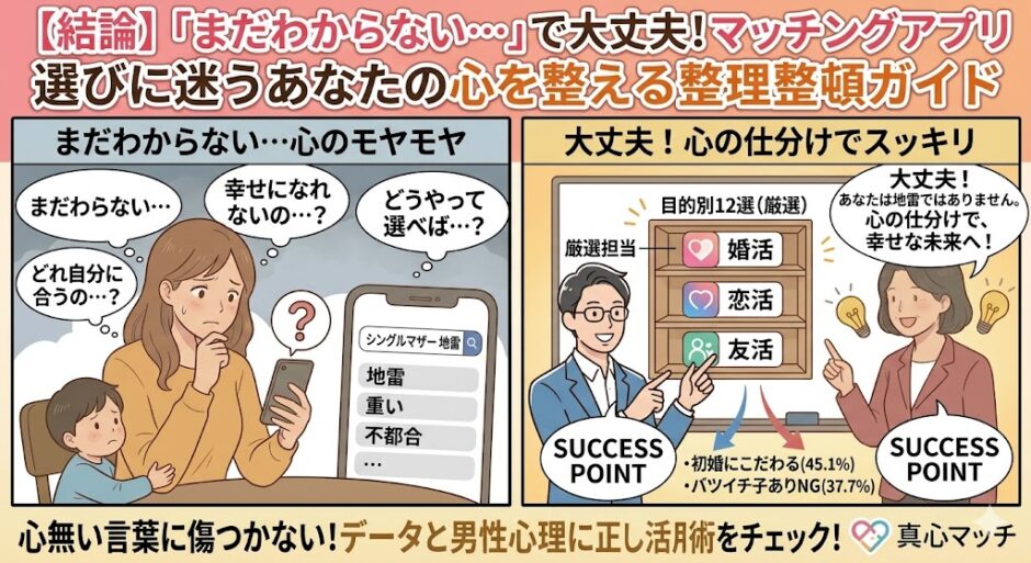 マッチングアプリ選びに迷う女性の悩みを解消し、目的別にアプリを整理して提案するアドバイザーの図解（AI生成イメージ）