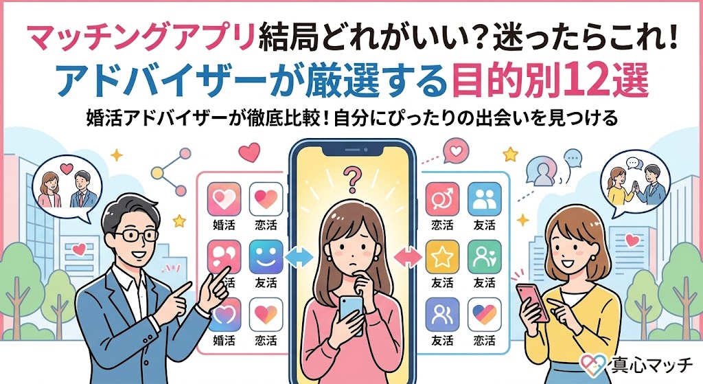 スマホを見ながらマッチングアプリ選びに迷う女性に、婚活アドバイザーが目的別のおすすめアプリを提案するイラスト(AI生成イメージ)
