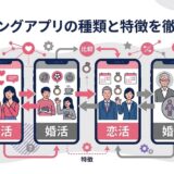 複数の異なるマッチングアプリの画面と比較する人物のイラスト（AI生成イメージ）