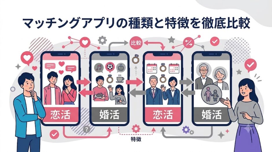 複数の異なるマッチングアプリの画面と比較する人物のイラスト（AI生成イメージ）