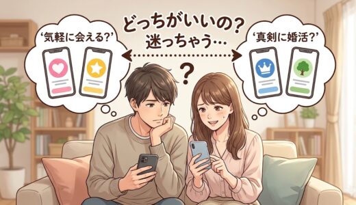 マッチングアプリの選び方に迷っている男女のイラスト（AI生成イメージ）