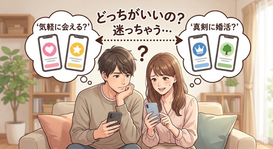 マッチングアプリの選び方に迷っている男女のイラスト（AI生成イメージ）