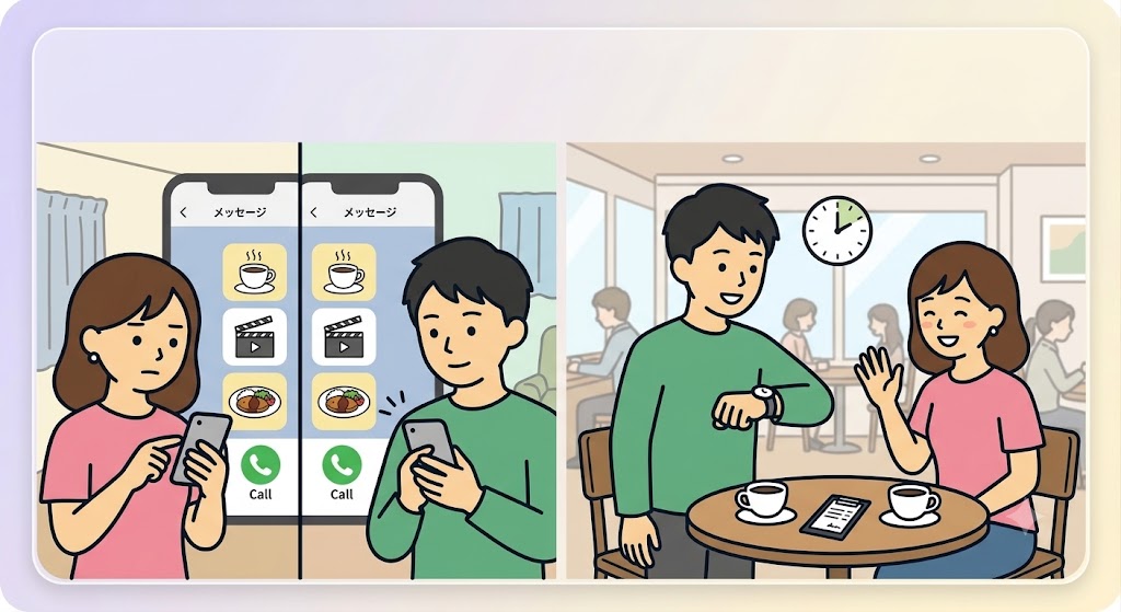 マッチングアプリの記事に挿入された2コマの解説イラスト。左のパネルは、会う前のメッセージ段階で趣味や食の好みの価値観をスマホで確認し合う男女。右のパネルは、カフェでの初デートを14時（短時間）で切り上げ、笑顔で手を振って別れる男女。飲み終えたコーヒーカップと伝票がテーブルにある。（AI生成イメージ）