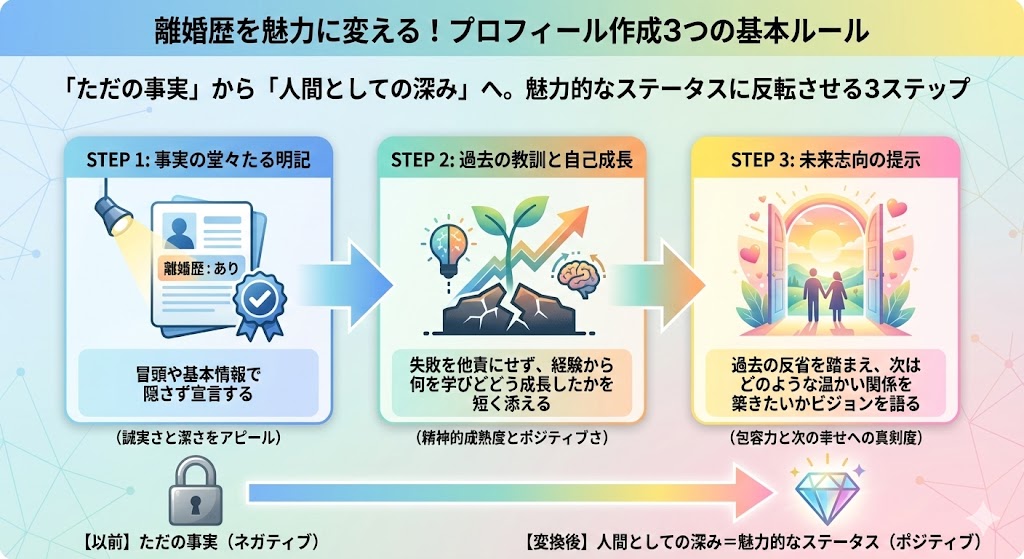 「離婚歴を魅力に変える!プロフィール作成3つの基本ルール」の図解(AI生成イメージ)