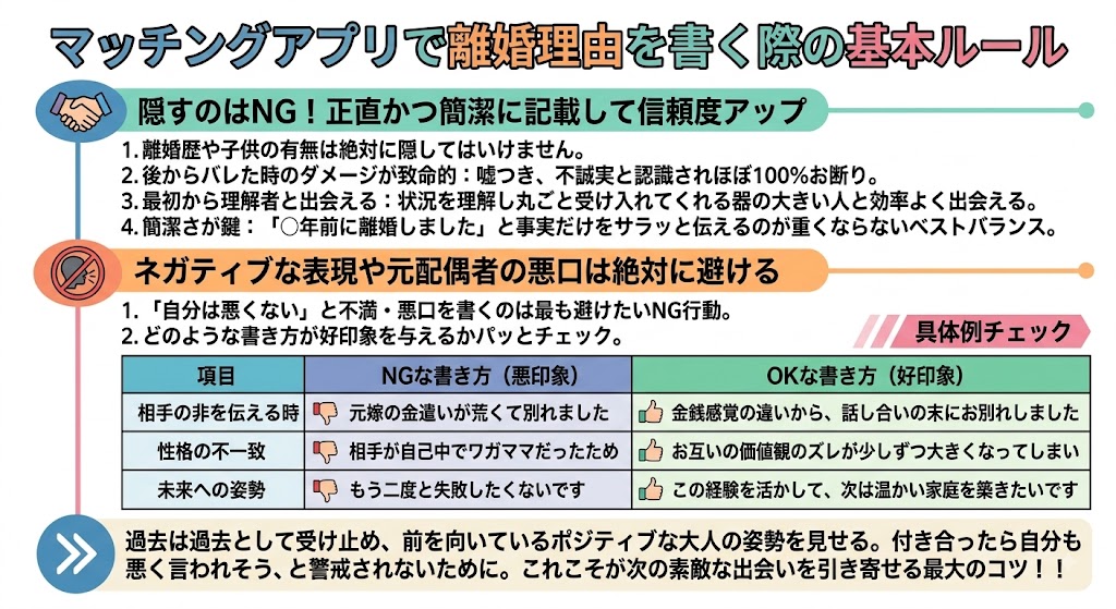 マッチングアプリで離婚理由を書く際の基本ルールを解説したインフォグラフィック（AI生成イメージ）