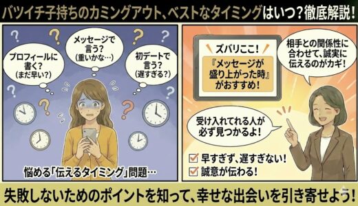 マッチングアプリでバツイチ子持ちをカミングアウトするベストなタイミング（メッセージが盛り上がった時）を解説する、漫画風アイキャッチ画像。（AI生成イメージ）