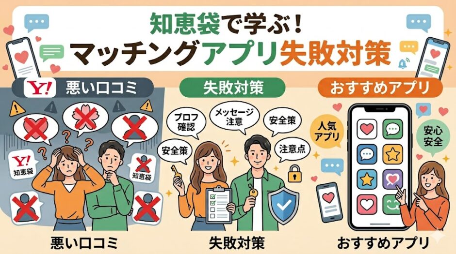 『知恵袋で学ぶ！マッチングアプリ失敗対策』のアイキャッチ。悪い口コミ、対策、おすすめの3項目をイラストで解説（AI生成イメージ）