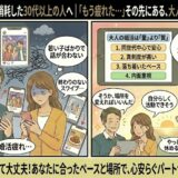 若い世代向けの流行りのマッチングアプリで「メッセージが続かない」「価値観が合わない」と消耗した30代以上の男女に対し、アドバイザーが「量より質」「同世代中心」「内面重視」といった大人の婚活の進め方を提案し、ユーザーが自分らしいペースを取り戻して安心しているイラスト（AI生成イメージ）