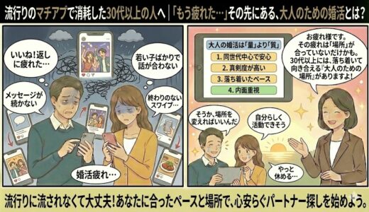 若い世代向けの流行りのマッチングアプリで「メッセージが続かない」「価値観が合わない」と消耗した30代以上の男女に対し、アドバイザーが「量より質」「同世代中心」「内面重視」といった大人の婚活の進め方を提案し、ユーザーが自分らしいペースを取り戻して安心しているイラスト（AI生成イメージ）
