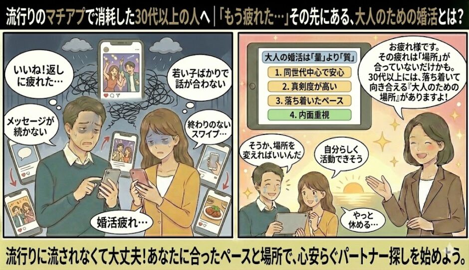 若い世代向けの流行りのマッチングアプリで「メッセージが続かない」「価値観が合わない」と消耗した30代以上の男女に対し、アドバイザーが「量より質」「同世代中心」「内面重視」といった大人の婚活の進め方を提案し、ユーザーが自分らしいペースを取り戻して安心しているイラスト（AI生成イメージ）