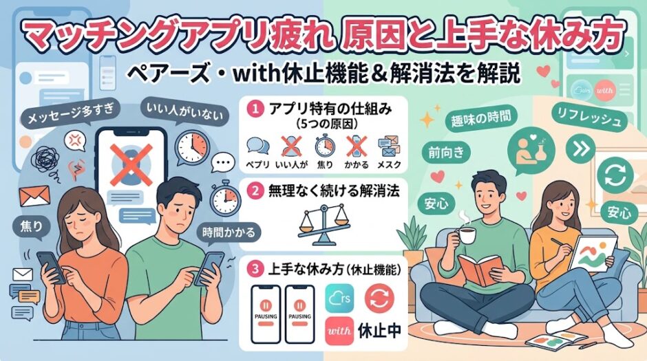 マッチングアプリ疲れの原因と上手な休み方の解説画像（AI生成イメージ）