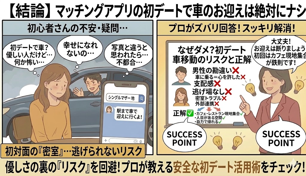 マッチングアプリで初対面男性の車送迎(リスク:支配感、男性の勘違い、逃げ場なし)を断り、安全な「カフェ現地集合(人目あり、自力帰宅)」をプロのアドバイザーが解説する2コマ漫画風イラスト(AI生成イメージ)