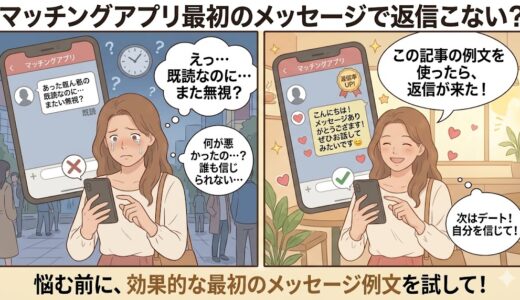 「マッチングアプリ最初のメッセージで返信こない？」と悩む女性が、例文を使って返信をもらうイラスト（AI生成イメージ）