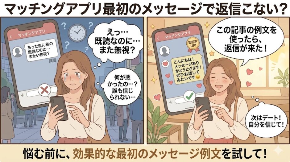 「マッチングアプリ最初のメッセージで返信こない？」と悩む女性が、例文を使って返信をもらうイラスト（AI生成イメージ）