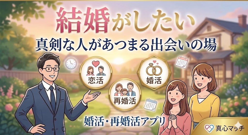 結婚がしたい 真剣な人があつまる出会いの場」というメッセージを強調した、真心マッチの婚活・再婚活アプリ紹介バナー。恋活、婚活、再婚活の目的別のアイコンが並んでいる。(AI生成イメージ)